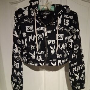 PLAYBOY Graphic Black and White Cropped Hoodie